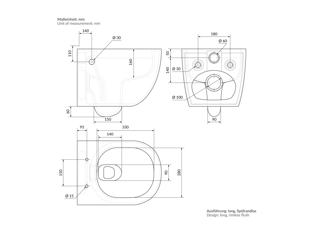 ECD Germany WC Suspendu sans Bride, Long 52 cm, Blanc, avec Fonction Bidet, Revêtement Nano, en Céramique, Abattant WC, Fermeture en Douceur, Chasse d'Eau
