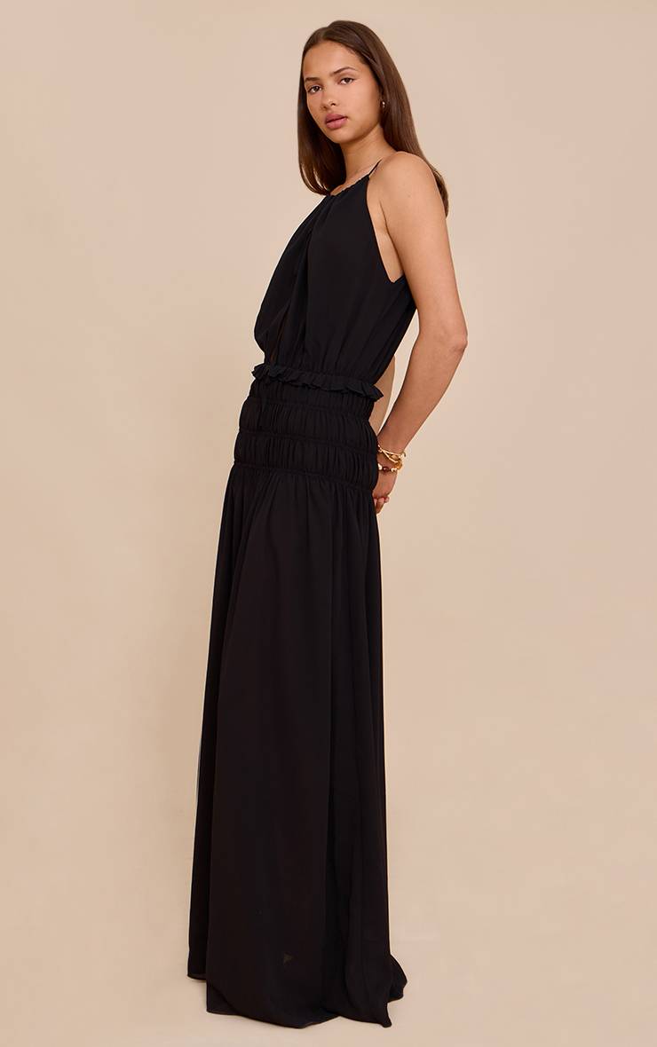 Noir Robe Longue En Mousseline Froncée