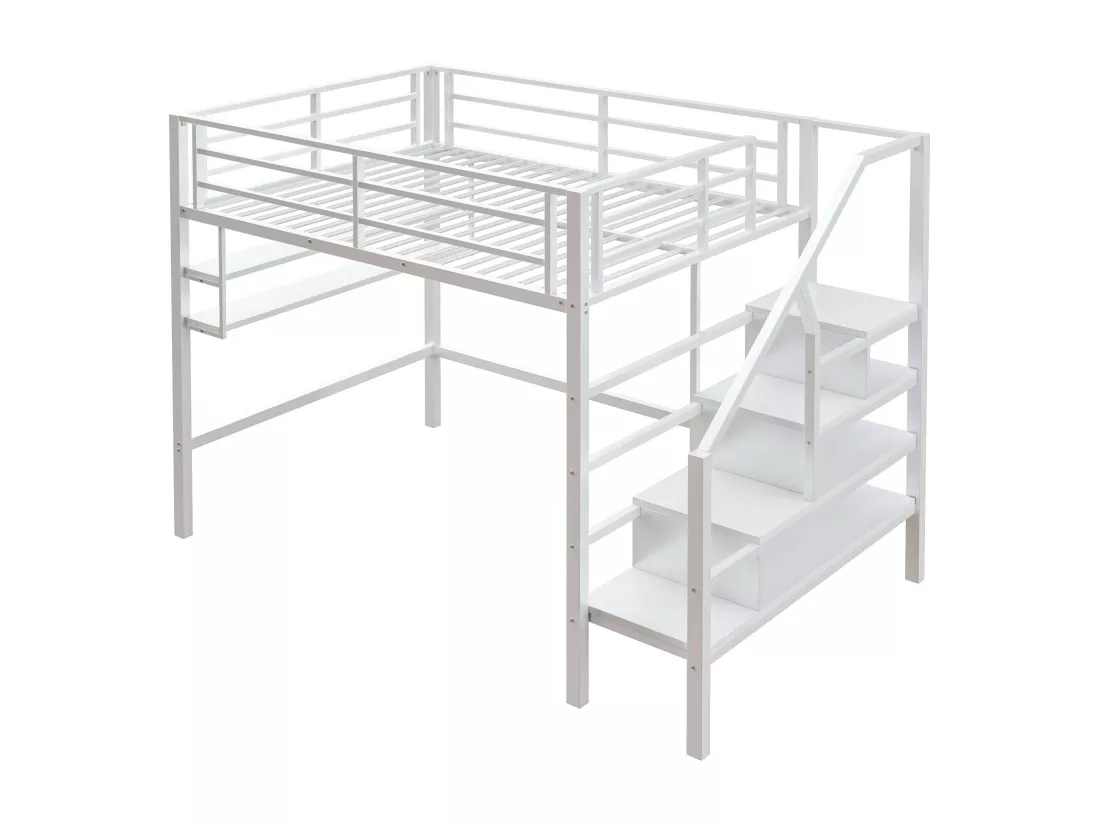 URBAN MEUBLE Lits double superposés métallique blanc échelle avec étagères rangement (140*200cm)