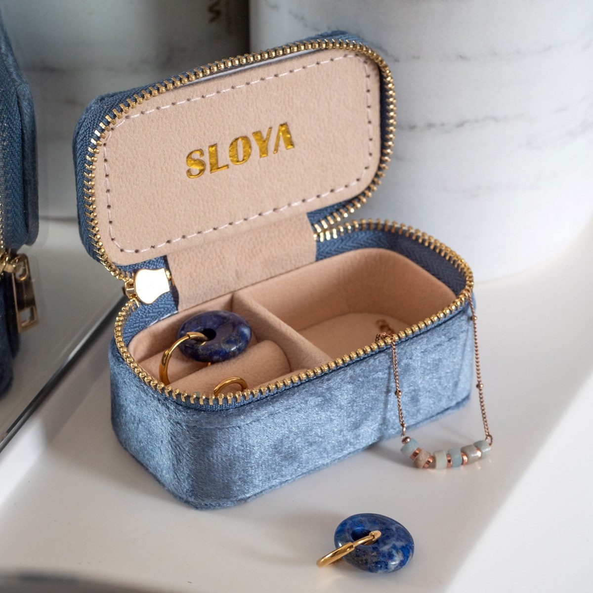 Mini boîte à bijoux velours bleu horizon