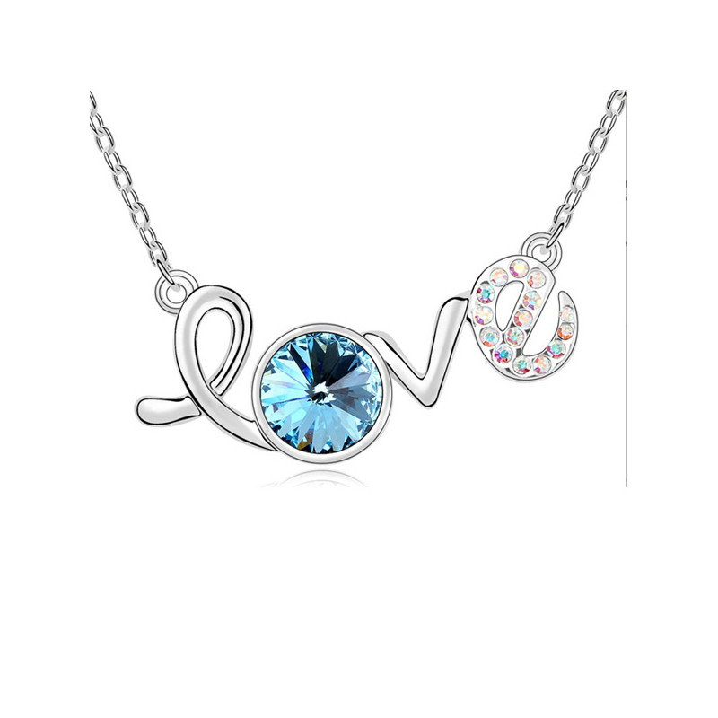 Collier Love orné de cristal de Swarovski Bleu et Plaqué Or Blanc