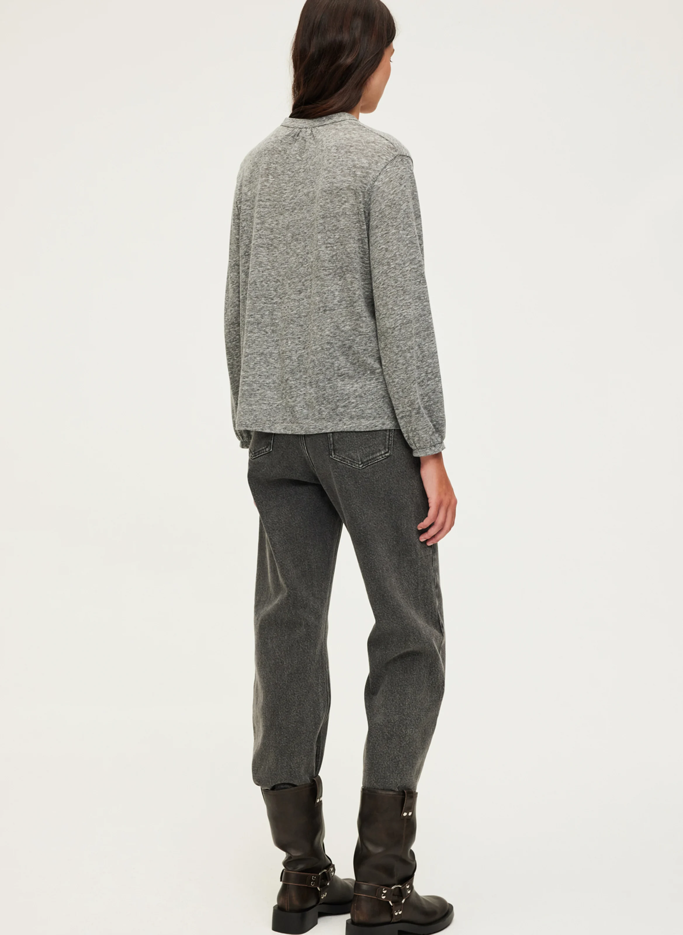 ALYS - Tee-shirt droit col tunisien en coton mélangé | Gris