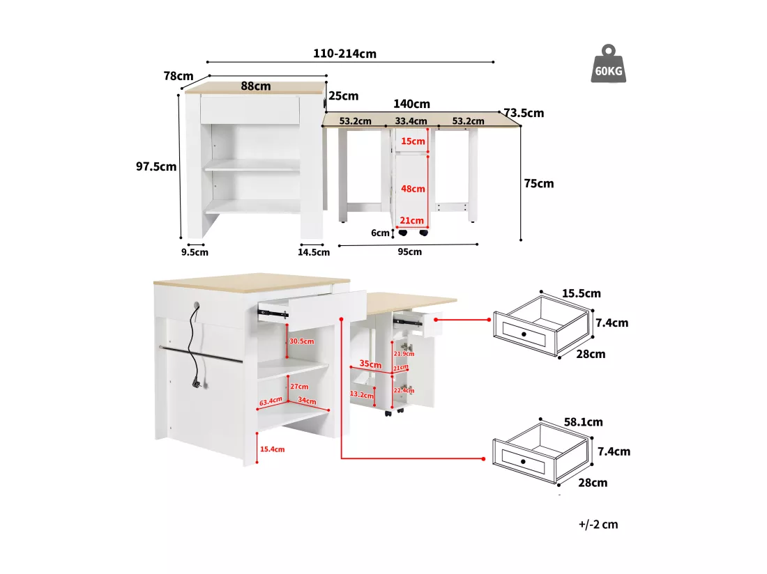 Ilot central de cuisine avec 4 tiroirs et étagères ouvertes - Plateau extensible - 110(214)x78x97.5 cm - 2 à 6 personnes - Blanc+naturel