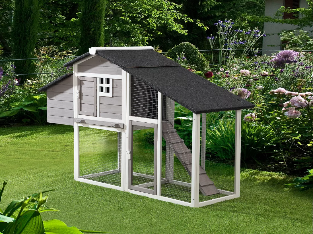 Poulailler en bois avec enclos - 4 poules - L. 173 x P. 64 x H. 108 cm - Blanc et gris - LEVAS