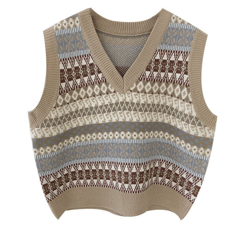 FR - V-hals geometrisch patroon trui vest