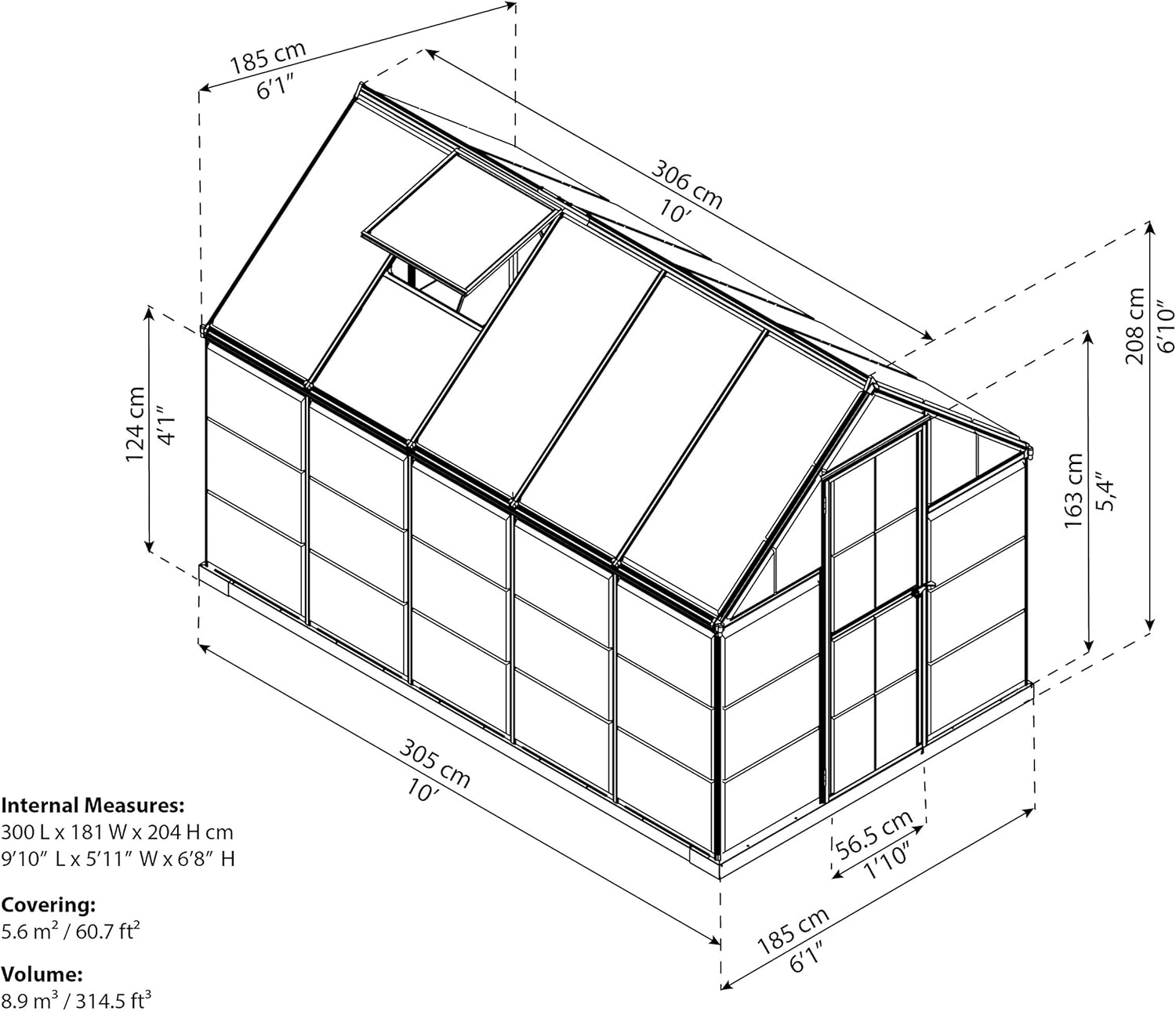 Palram Aluminium GewächsHaus Gartenhaus Hybrid 6x10 anthrazit /310x185x209 cm (LxBxH),Grau