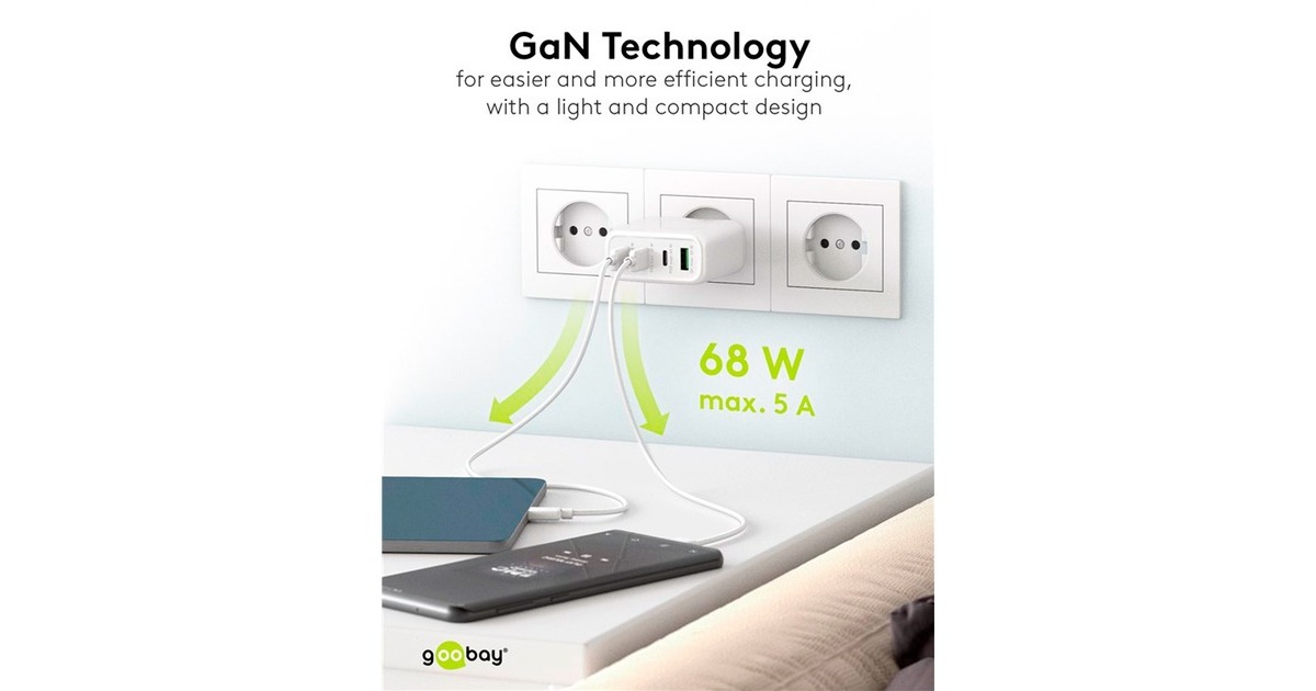 goobayUSB-C PD GaN multipoort snellader (68 W)  (Zwart, 3x USB-C, 1x USB-A, Power Delivery, QuickCharge)