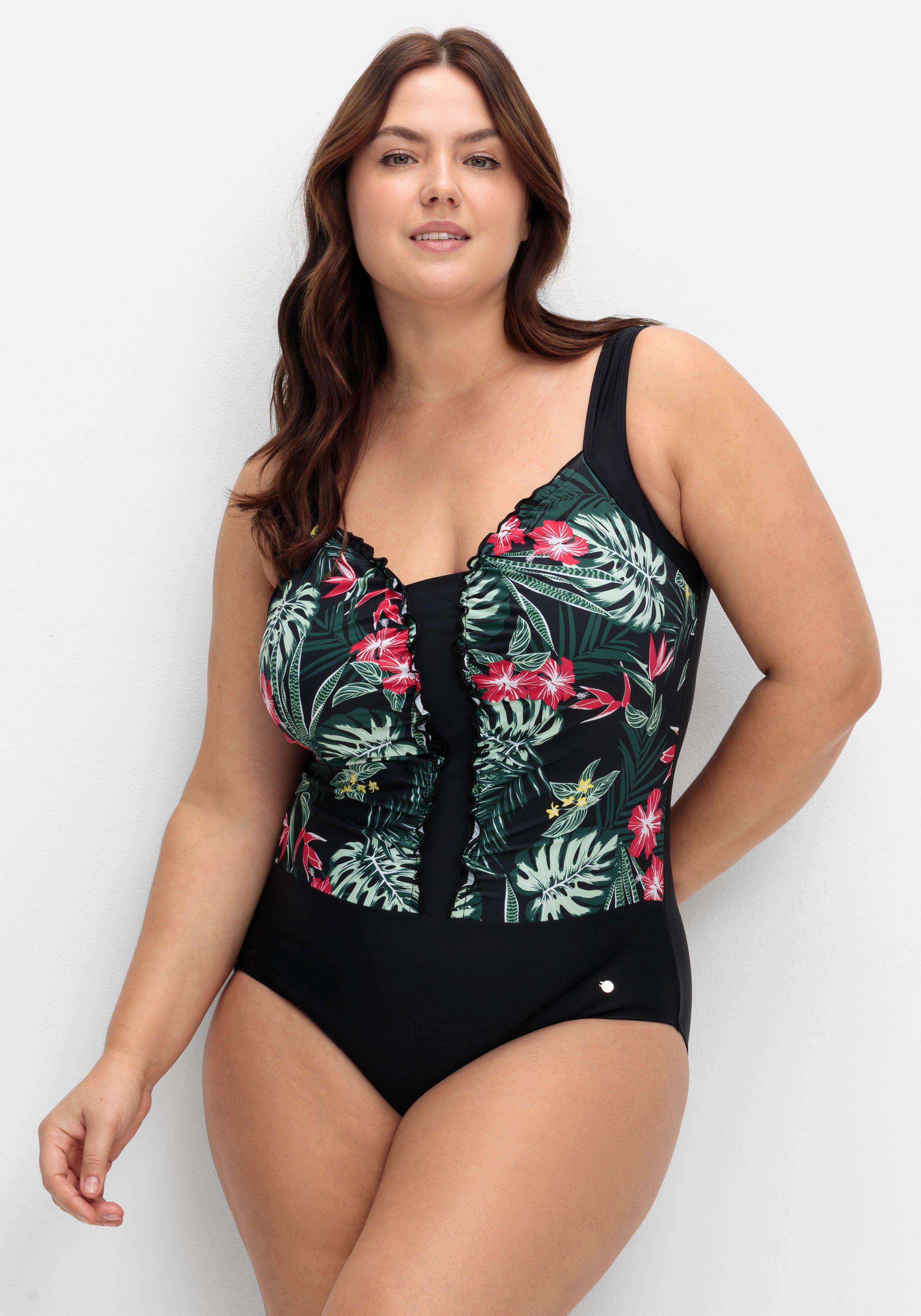 Badeanzug mit Rüschen und Tropical Print