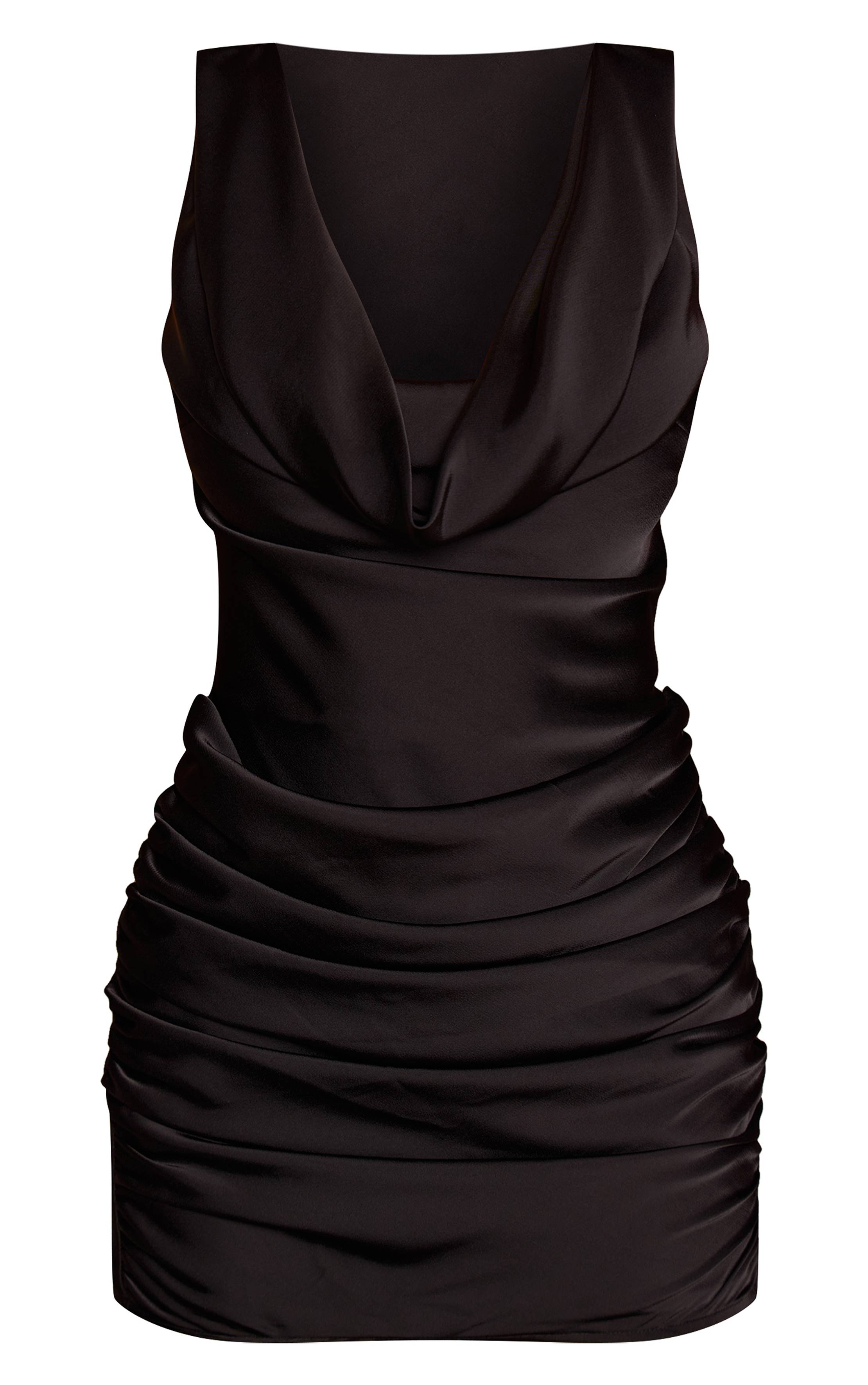 Noir Robe Mini Drapée En Satin Avec Col Bénitier