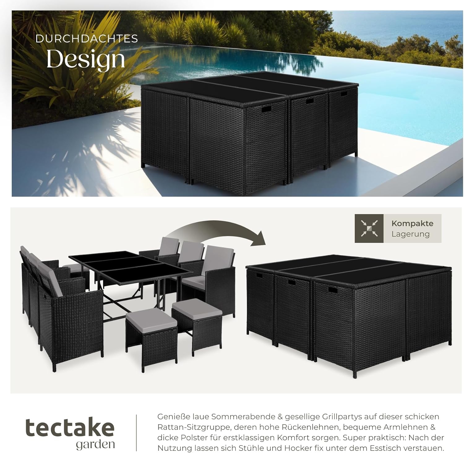 tectake® Outdoor Balkon Gartenmöbel Set, Lounge mit 6 Stühlen, 4 Hocker und 1 Tisch, Poly Rattan Geflecht, wetterfest, platzsparend - schwarz/grau