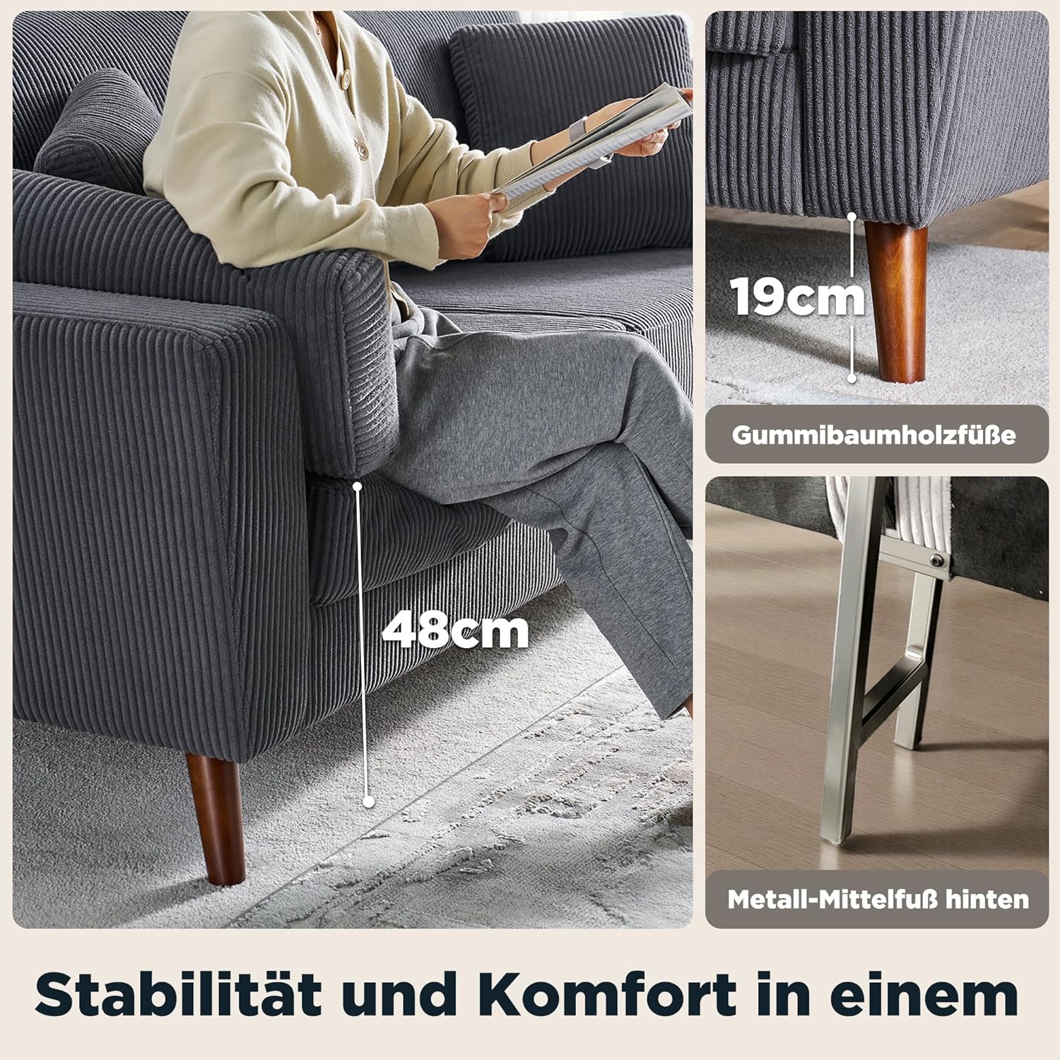 220 cm 3-Sitzer Big Sofa aus Cord, modernes Design mit hohen Beinen, ideal für Wohnzimmer oder Schlafzimmer, grau