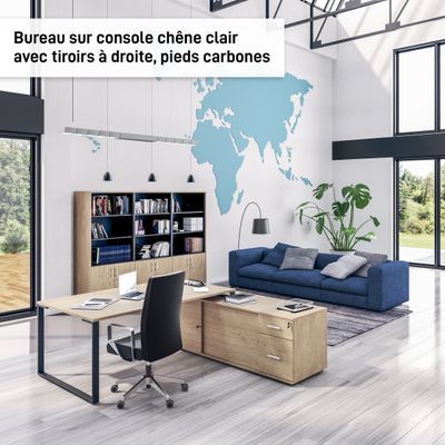 Bureau URBAN Manager - L180 x P100 x H72,5 cm - console retour à droite (tiroirs) L200 x P60 x H72,5 cm - pieds carbone - plateau imitation chêne gris
