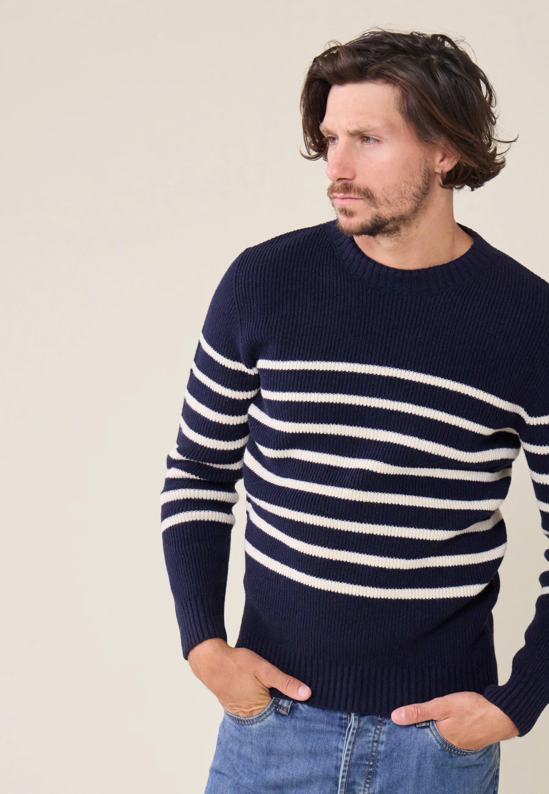 Pull Homme en laine Française-Louis Marinière Marine