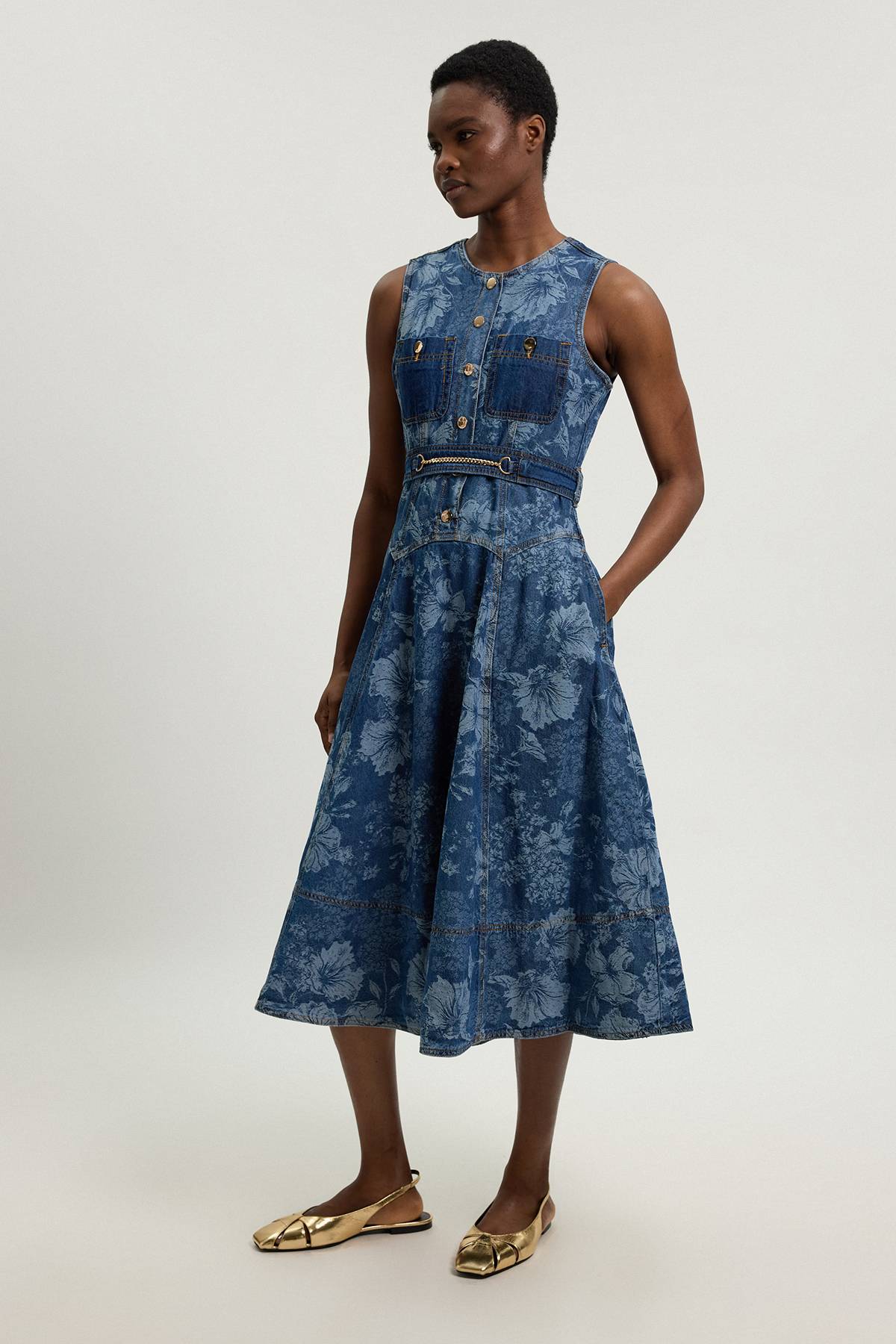 KarenMillen Robe Midi Évasée En Denim Jacquard Petite Taille