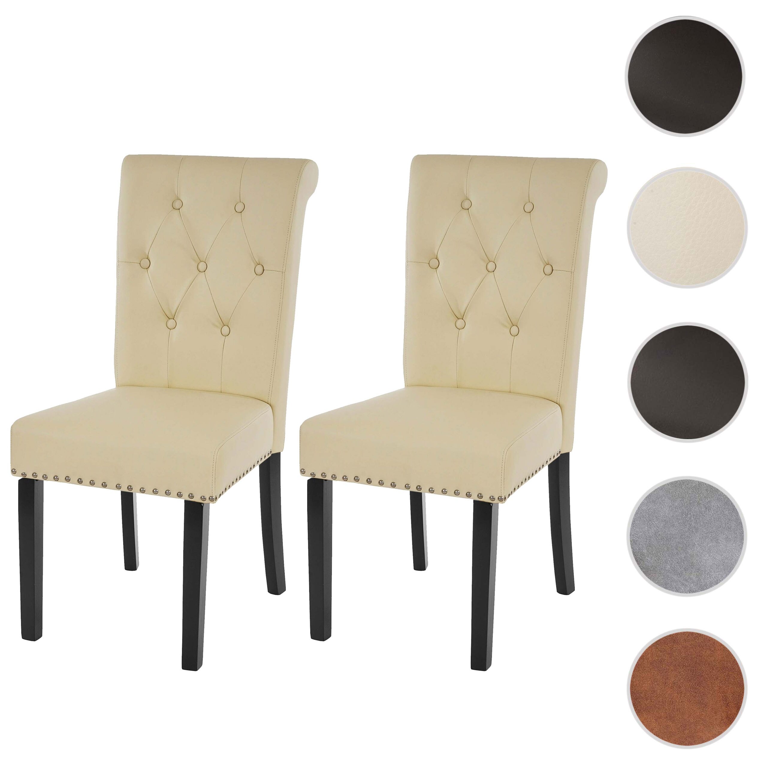 2er-Set Esszimmerstuhl Chesterfield Edinburgh II, Stuhl Küchenstuhl, Nieten ~ Kunstleder, creme, dunkle Beine
