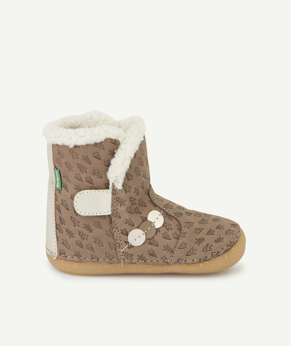 KICKERSBOOTS PREMIERS PAS EN CUIR BEIGE ET COULEUR ARGENTÉE BÉBÉ FILLE