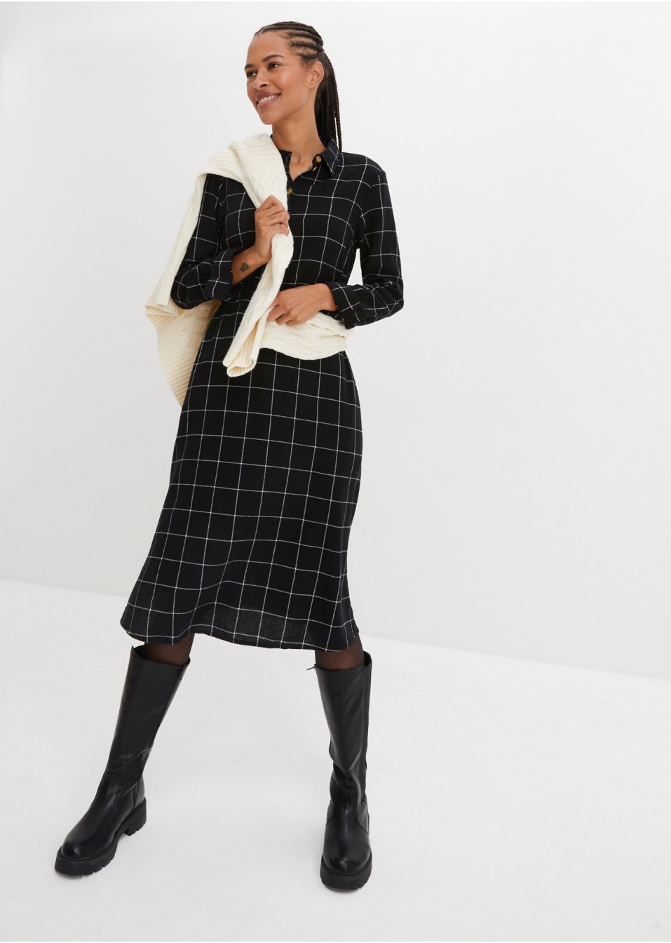 Robe-chemise en flanelle longueur midi, à carreaux