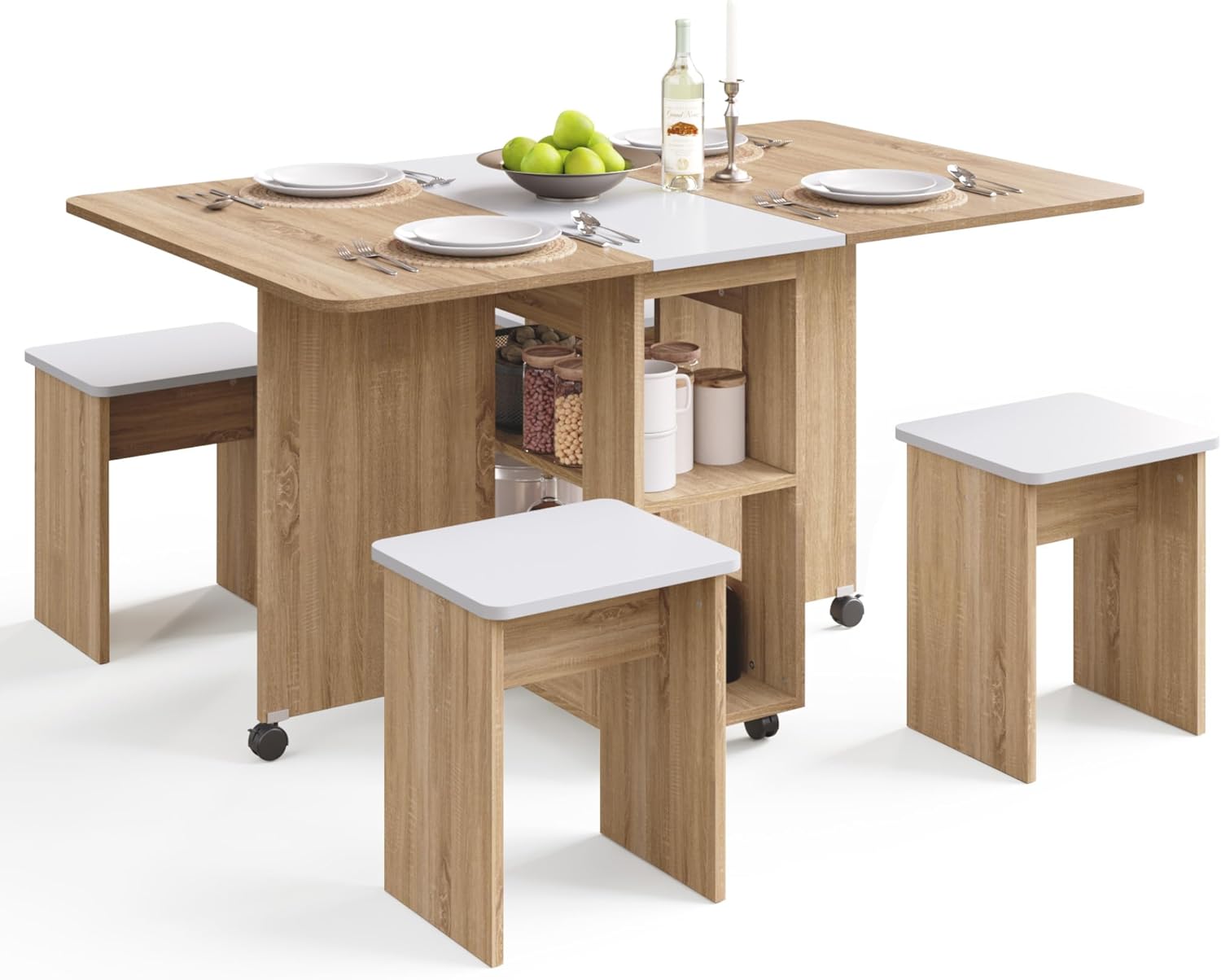 Mondeer Essgruppen, Klappbarer Esstisch mit 4 Stühlen, Esstisch Set mit Rollen und 2 Offenen Ablagen, für Kleine Räume Esszimmer Küche, 120 x 80 x 80 cm, Eiche und Weiß