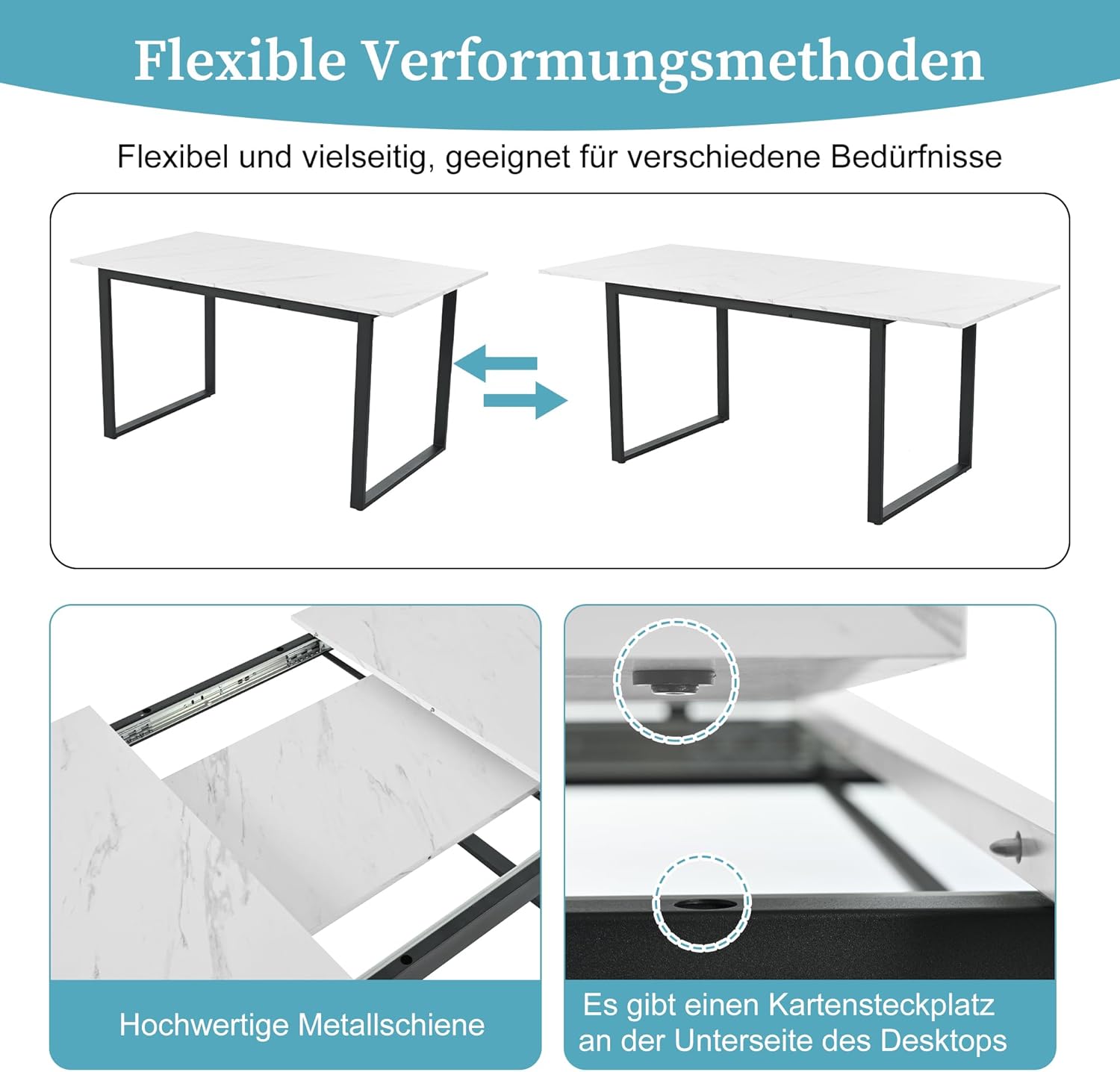 Esstisch ausziehbar 140-180x70x75 cm, rechteckiger Küchentisch, Esszimmertisch mit Tischplatte in Marmoroptik und Metallbeinen, Ausziehbarer tisch für 4-8 Personen, für Wohn- und Esszimmer, weiß.