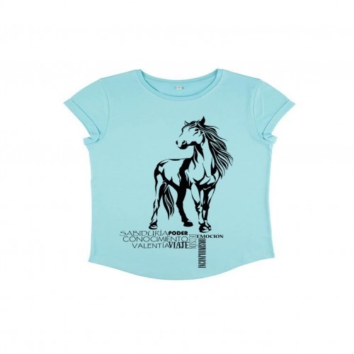 Camiseta feminina de manga curta com estampa de totem animal, em algodão orgânico, com cavalo turquesa.