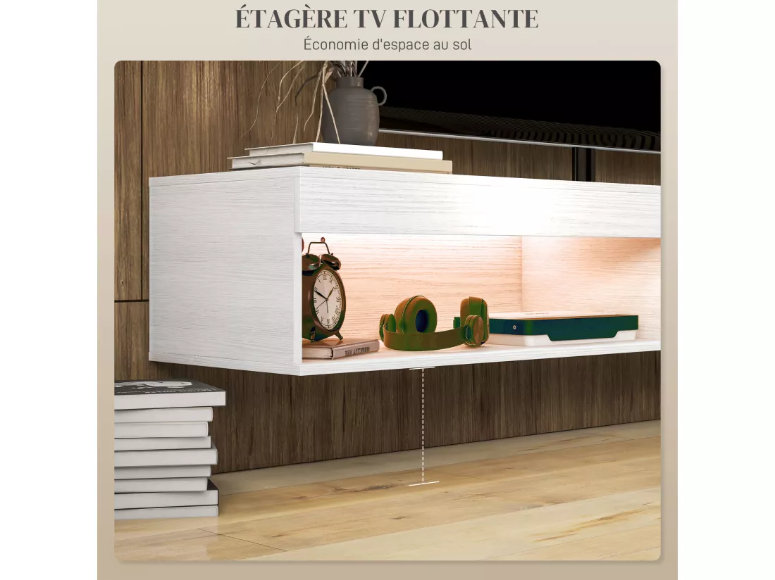 Meuble TV design LED suspendu mural - 75 pouces max. - 2 niches - dim. 180L x 40l x 30H cm - aspect bois blanc