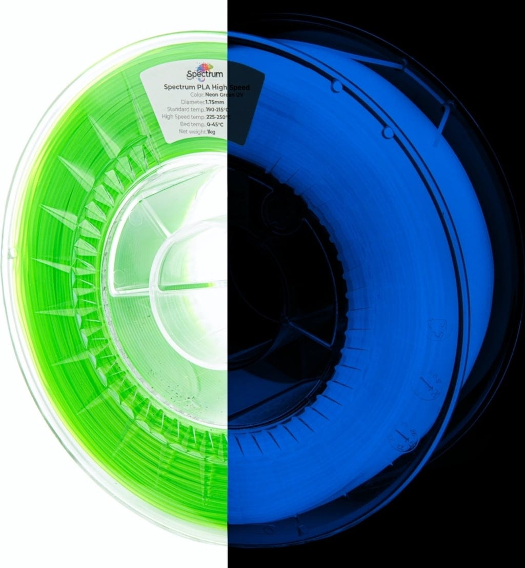 Spectrum  Premium PLA High Speed Neon Green UV, 1,75 mm / 1000 g    UV-reaktives PLA Material speziell für den Hochgeschwindigkeitsdruck