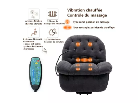 Fauteuil de massage releveur en tissu gris, avec télécommande, chauffant, manuellement repose-pied, 4 zones/5 modes/3 Minuteur