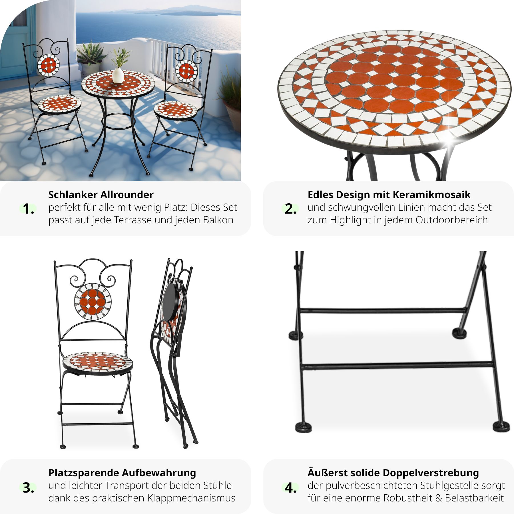 tectake® Mosaik-Gartengarnitur, für 2 Personen, hohe Belastbarkeit, filigranes Design