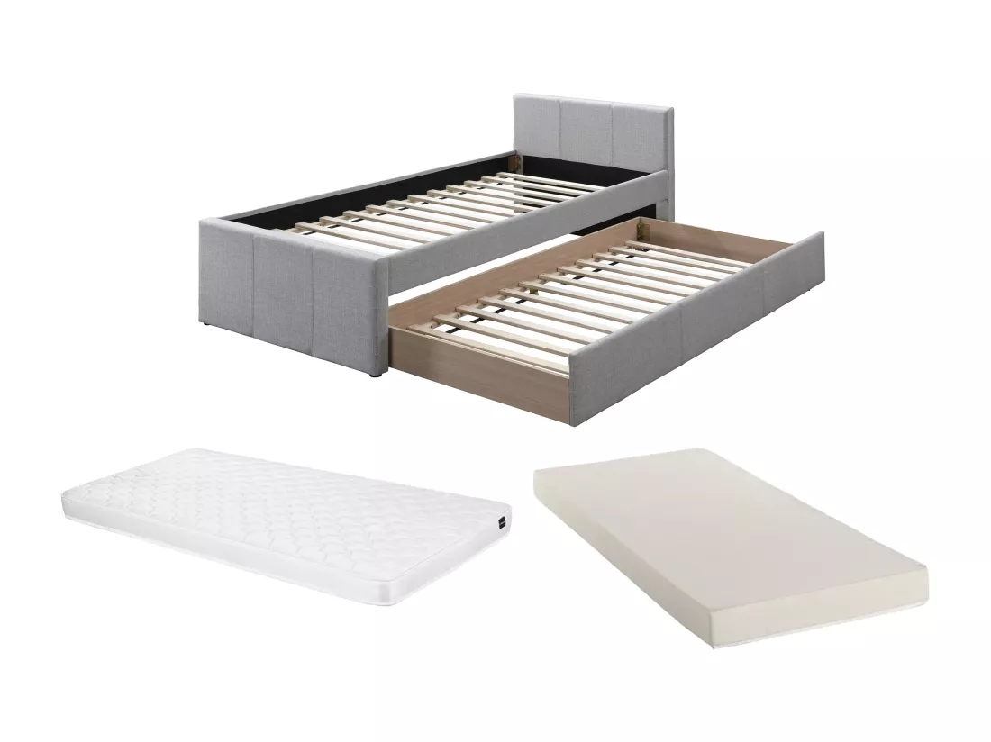 Lit gigogne 90 x 190 cm - Tissu - Gris + Matelas - DORITALO