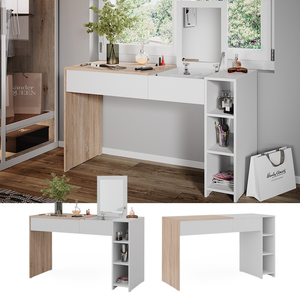 Vicco Schminktisch Kira, 129 x 76 cm, Weiß Sonoma, Frisiertisch inkl. Spiegel, modern