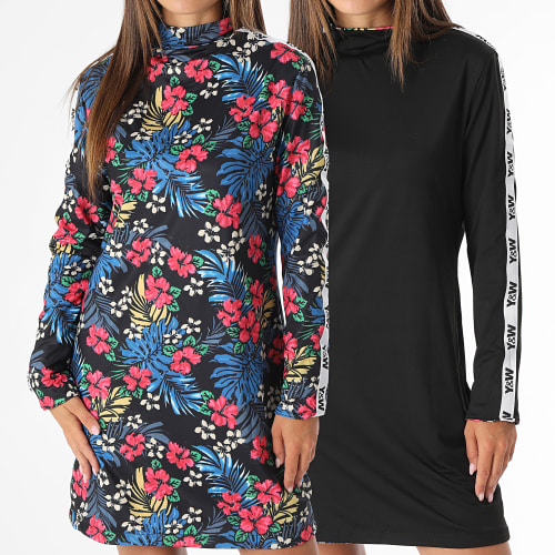 Robe Manches Longues A Bandes Femme Flower Réversible Noir Bleu Rouge