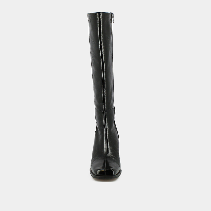 Bottes à talons hauts et bouts carrés  en cuir vernis plissé noir