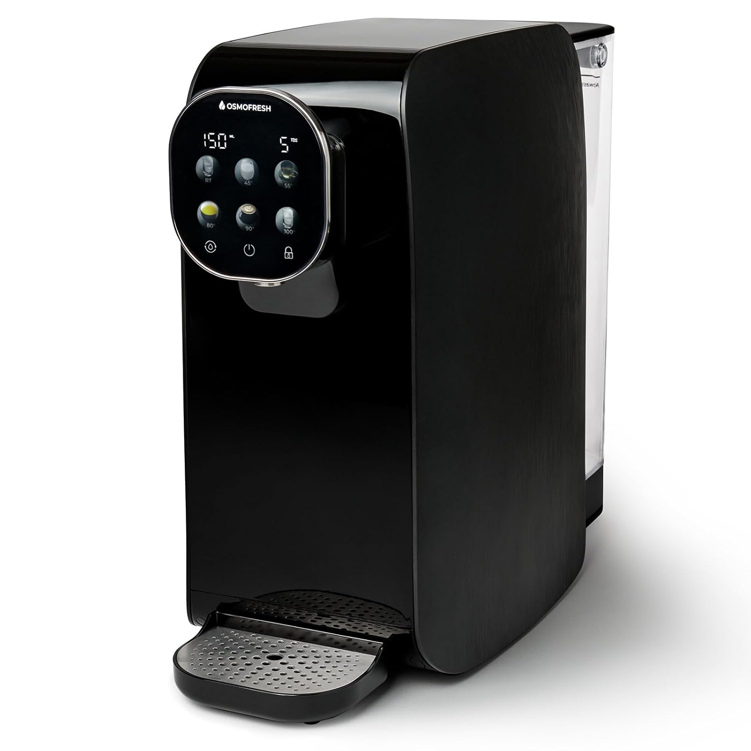 OsmoFresh Auftisch Osmoseanlage Quella Pro Black | mit Heißwasserspender | 6 Temperaturstufen | 7-Fach Umkehrosmose Filterung | Wasserfilter für Küche Büro Wohnmobil | kalkfreies Trinkwasser | UV