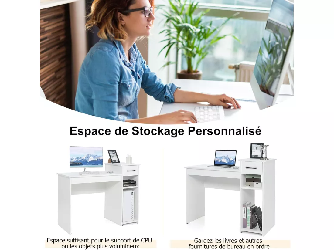 Bureau Informatique avec Tiroir et Support PC, Bureau d’Ordinateur en MDF avec Étagère de Rangement à 2 Niveaux, Table de Travail pour Ordinateur, 102 x 50 x 82 cm (Blanc)