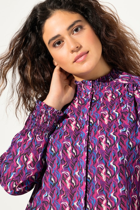 Bluse, Smok-Details, A-Linie, Stehkragen, Langarm