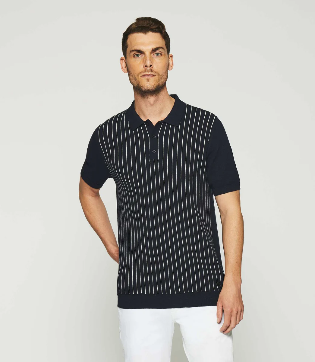 Polo à rayures en maille marine et écru GIANNI