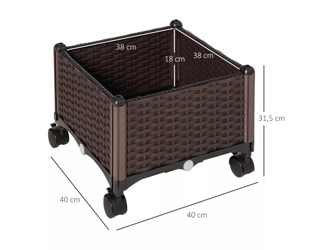 Jardinière sur roulettes dim. 40L x 40l x 31H cm insert d'irrigation plastique imitation rotin tressé chocolat