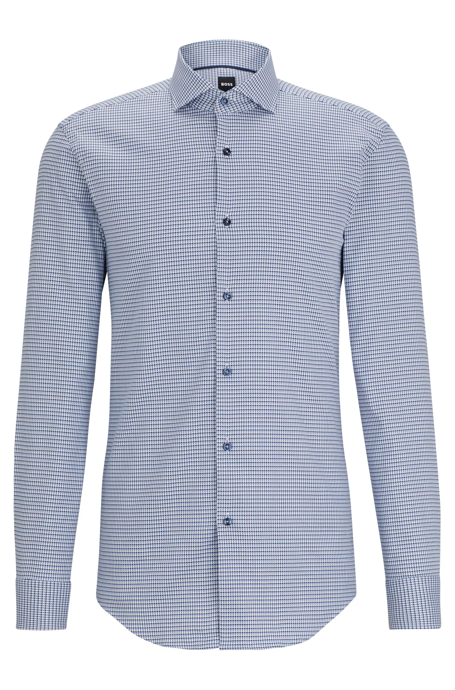 Camisa BOSS preta de corte slim em algodão elástico microestruturado.
