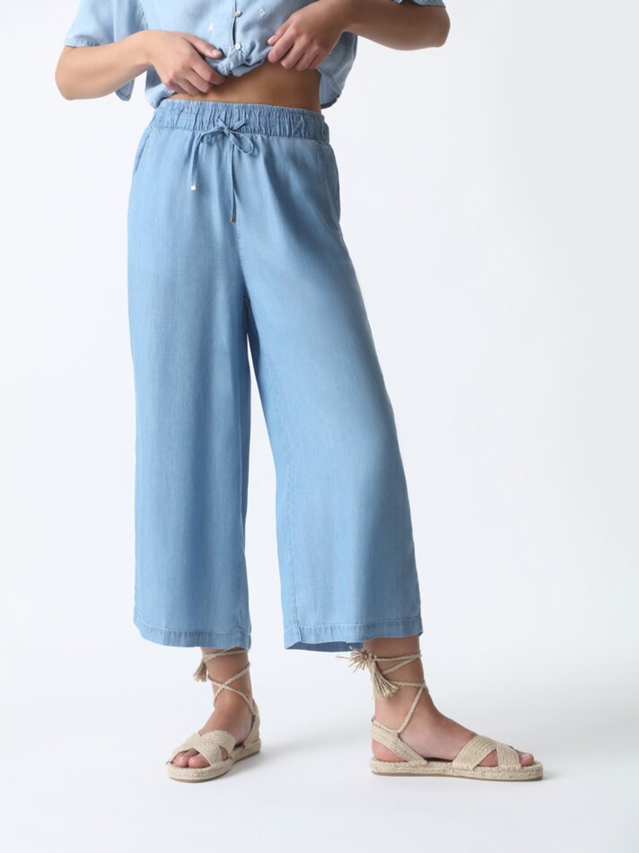 Calças culote em denim leve - Índigo