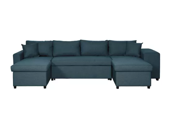 Canapé d'angle panoramique Oslo convertible avec coffres et poufs à droite - Tissu - Bleu pétrole - L311 x P146 x H81cm - Loungitude