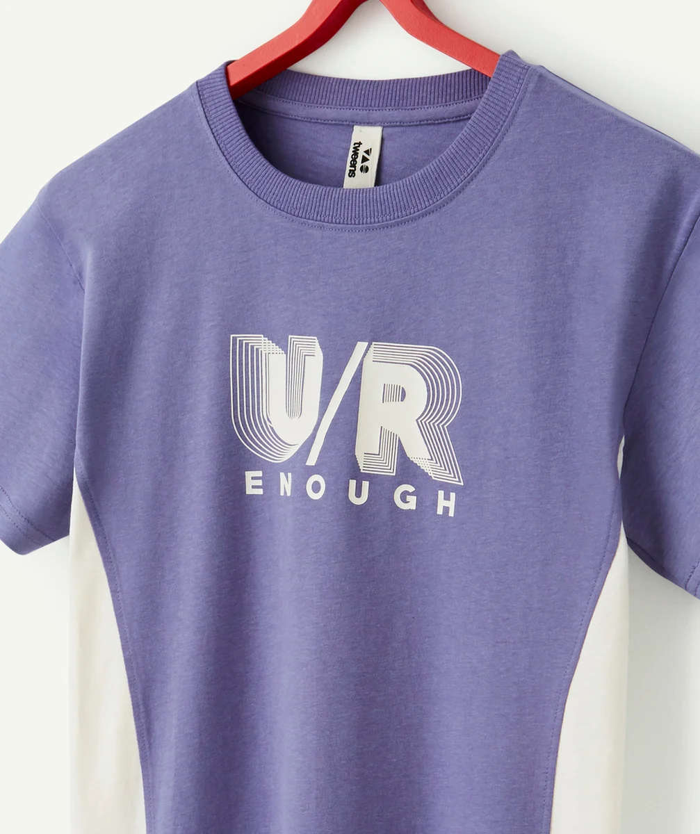 T-SHIRT GARÇON EN FIBRES RECYCLÉES VIOLET AVEC BANDES BLANCHES