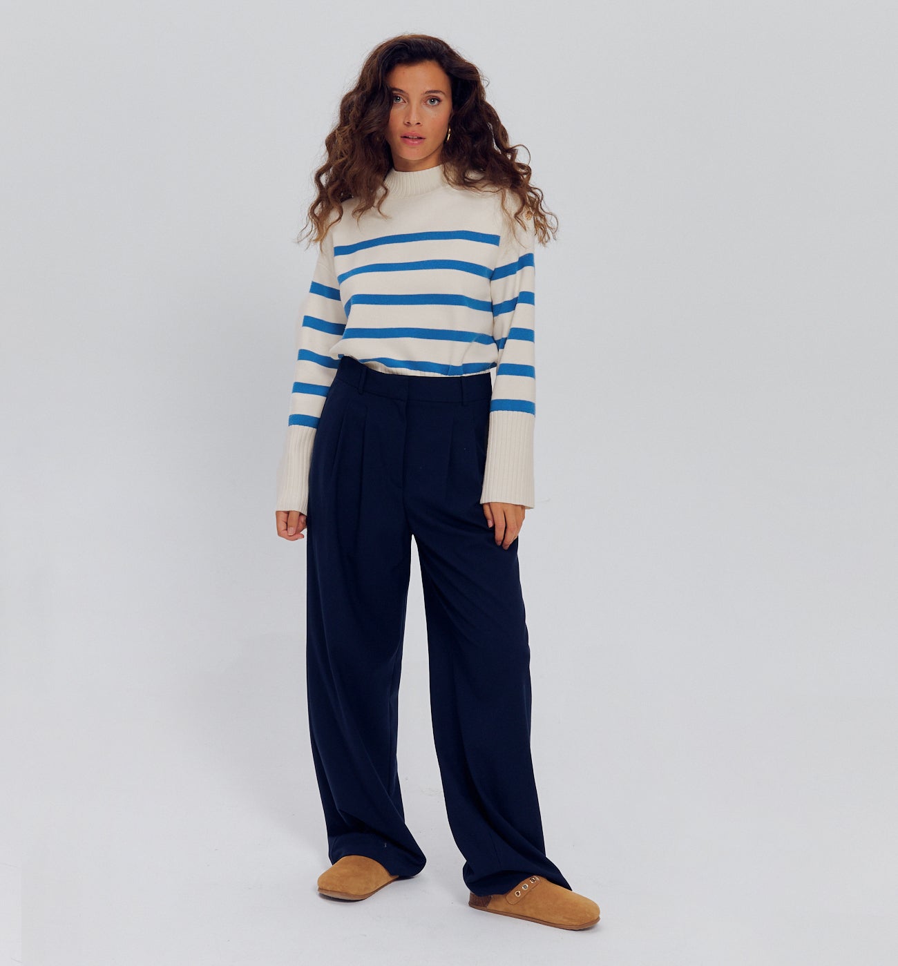 Pull marin col cheminée Femme - Rayé bleu