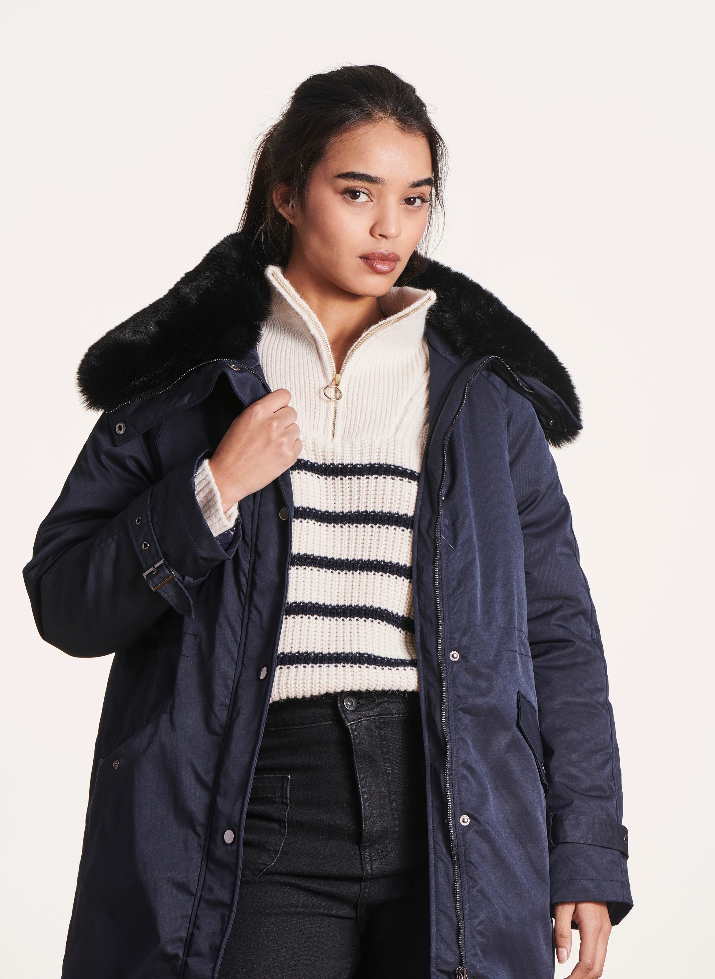 Parka mi-longue droite effet fourrure | Bleu