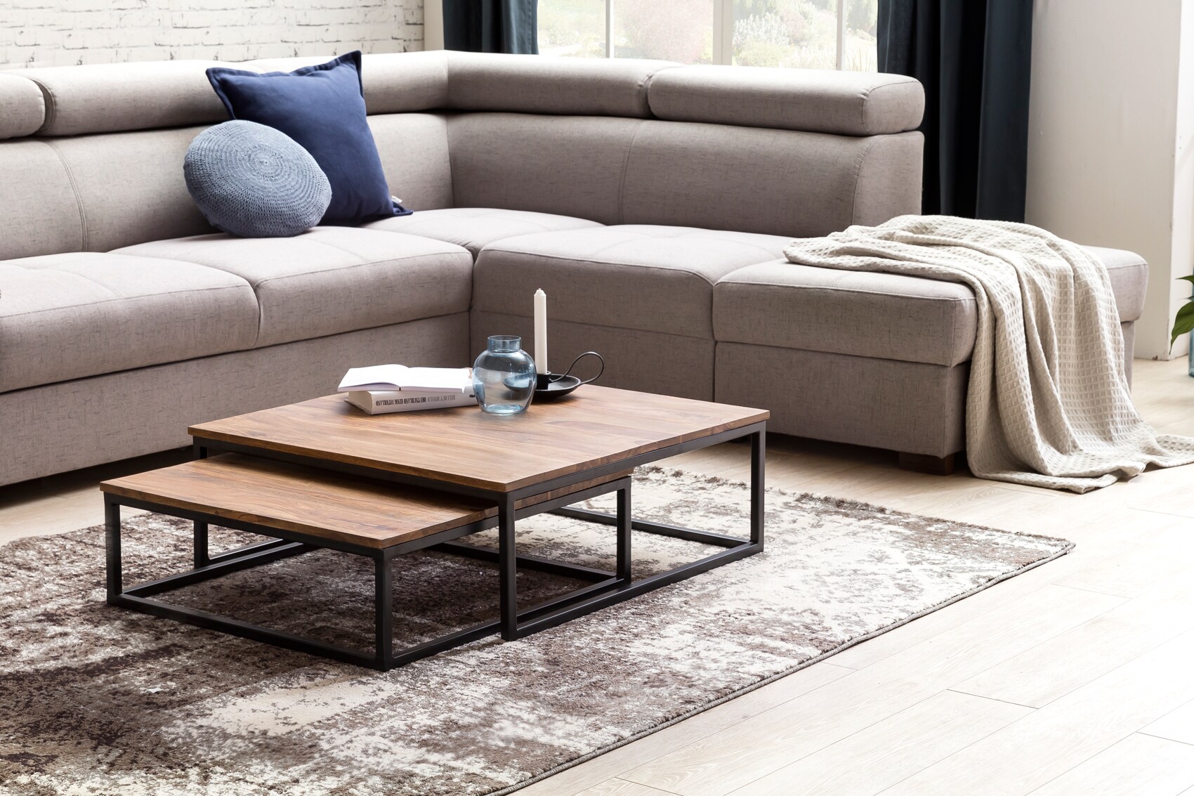 KADIMA DESIGN Couchtisch Set Industrial-Stil - Holzplatte, Metallgestell, 2 Größen, Sheeshamfarben, KADIMA DESIGN