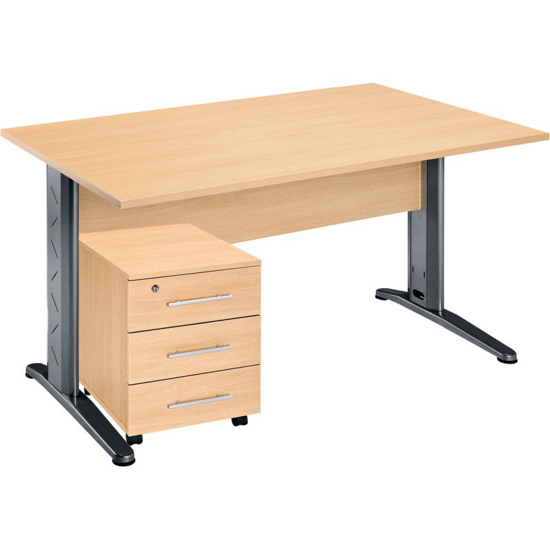 Pack bureau droit hêtre pied L métal + caisson mobile 3 tiroirs Altys