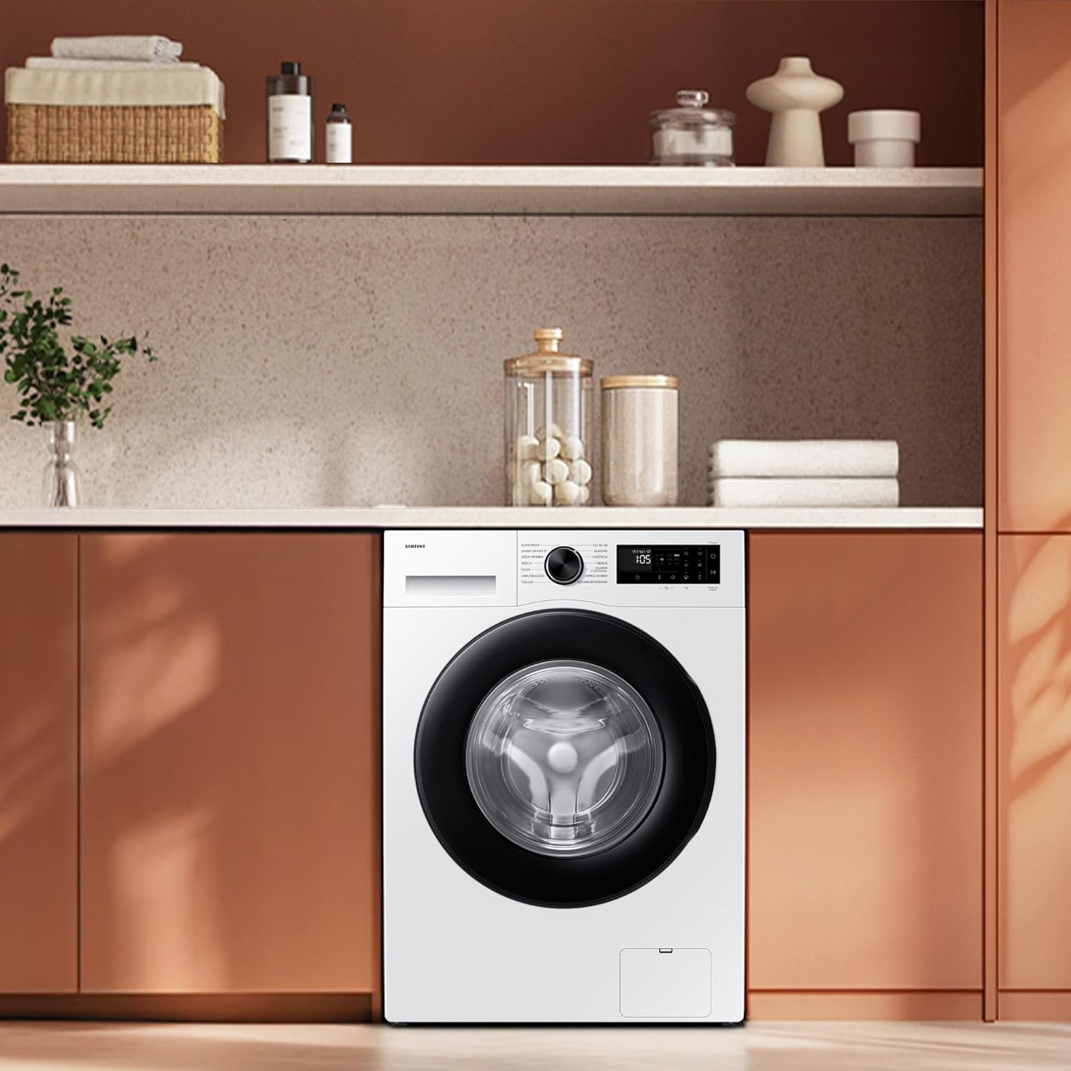 Samsung WW90DG5G34AEEG Waschmaschine WW5100D SLIM, 9 kg, EEK: A (-10%), Nur 48 cm tief, Dampfprogramm, AI Energy Mode, Ecobubble, WiFi, Mikroplastik-Programm, AI Wash, SuperSpeed 39 Min., Weiß