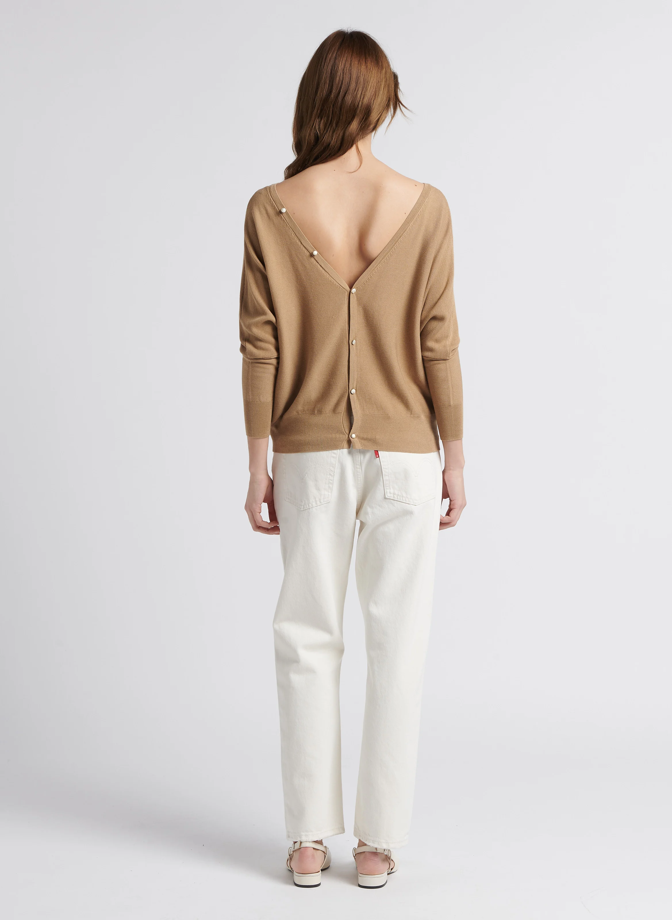 ELSY - Gilet ample col V en coton mélangé | Marron