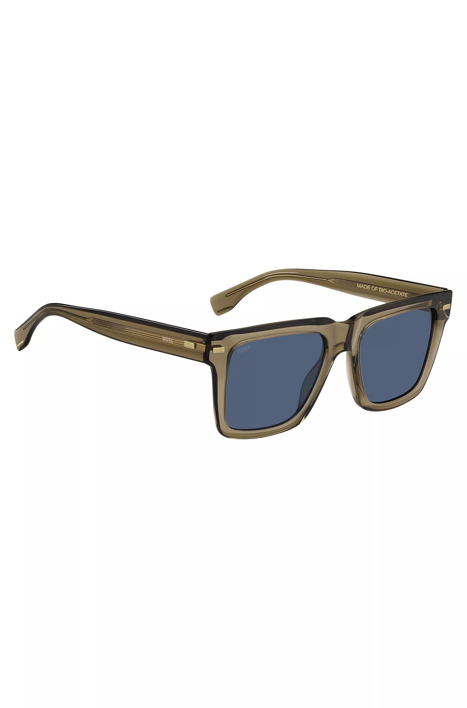 Óculos de sol BOSS em bioacetato preto e marrom com rebites estampados.