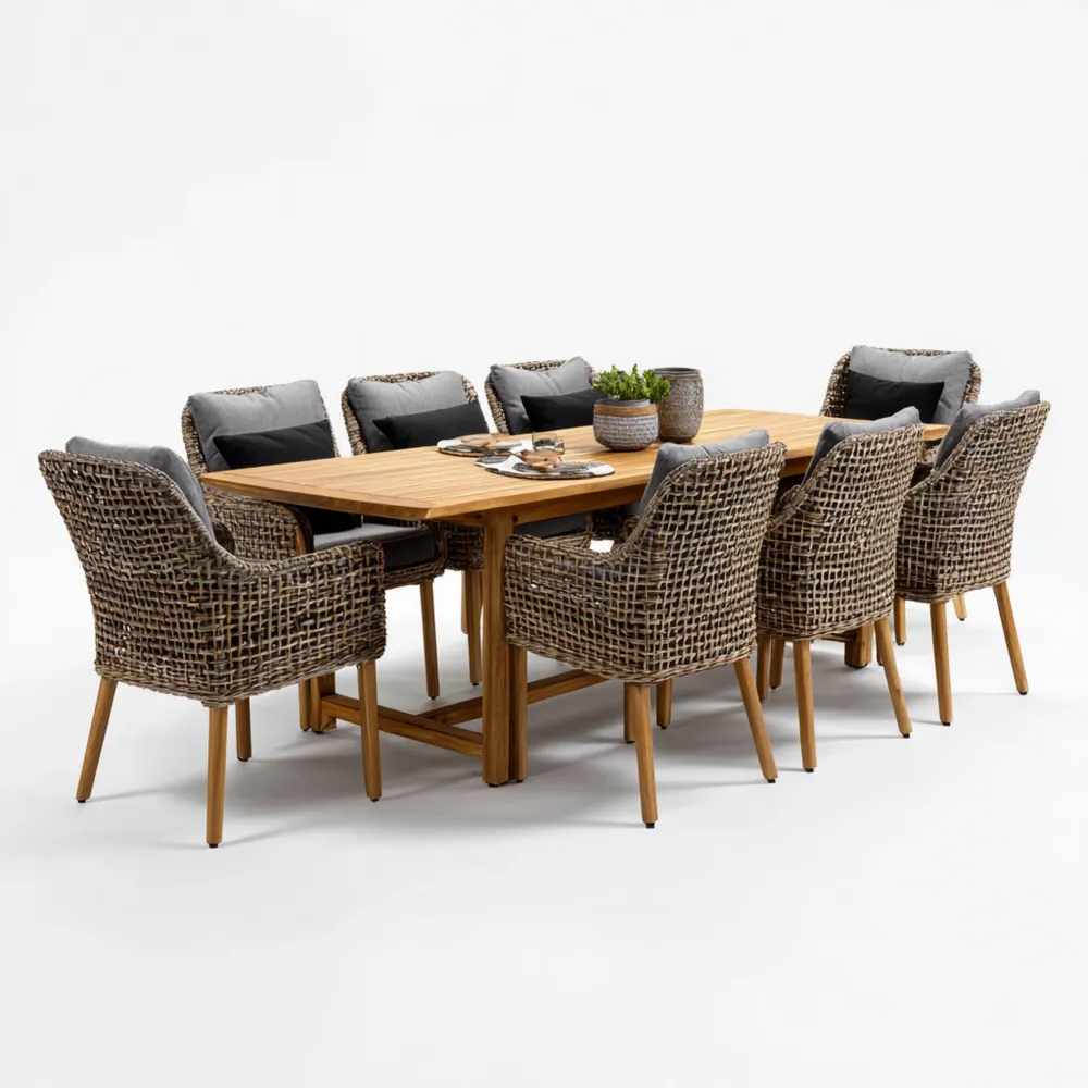 Garten-Esstisch-Set Holzgeflecht 200x100x75 cm – Natur/Grau – Moderner Stil