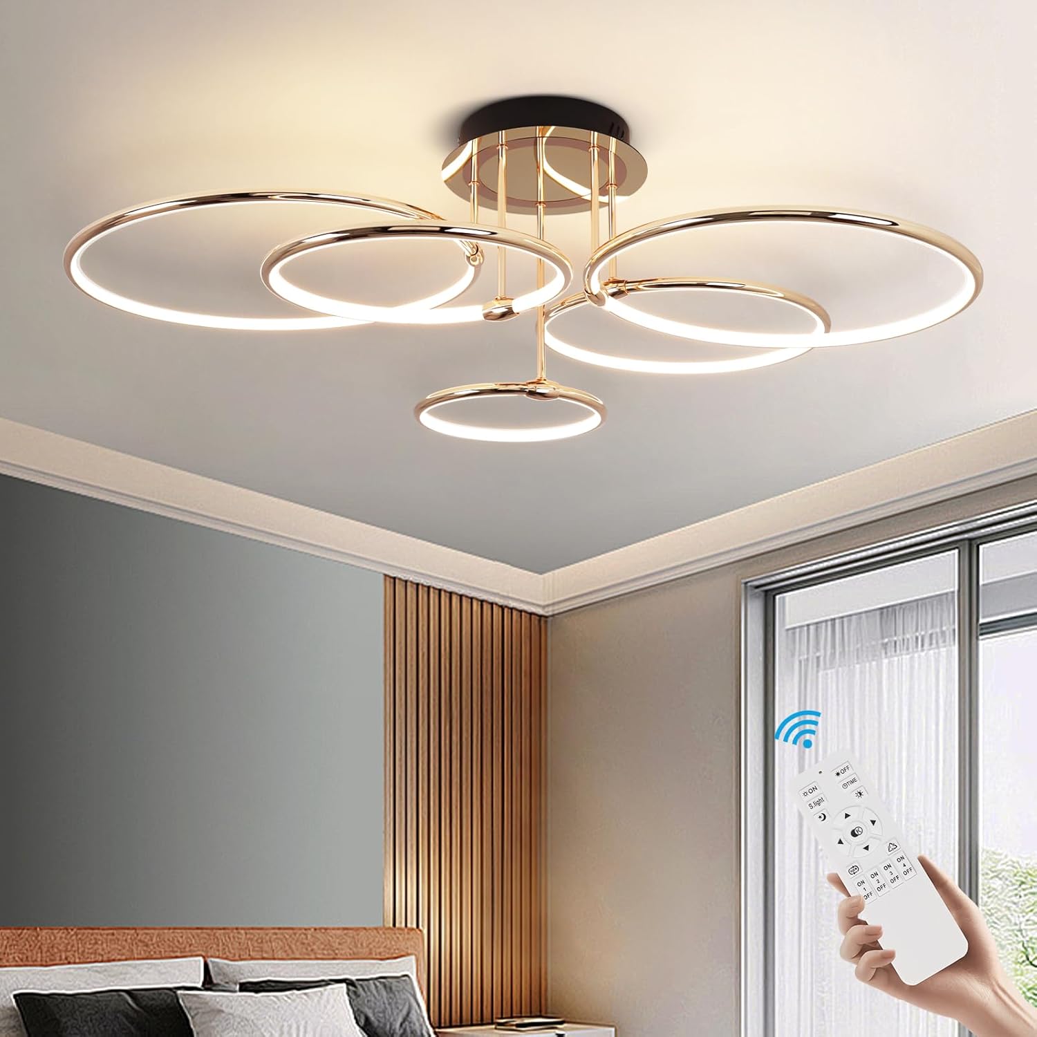 LED Deckenleuchte Modern Design Deckenlampen Gold 5-Ring Lampen Dimmbar Wohnzimmerlampe mit Fernbedienung, Aluminium Led Beleuchtung für Wohnzimmer Schlafzimmer Küche Esszimmer Büro 93cm, 108W…